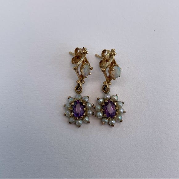 Vintage 14k Opal Seed Pearl Amethyst Drop Earrings - Picture 6 of 8